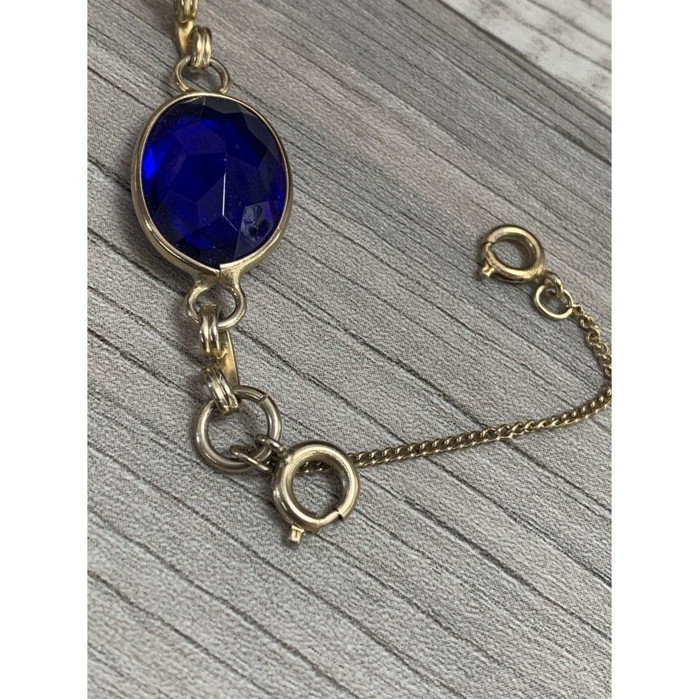 Gold-tone Chain Beaded Bracelet with Blue Oval Glass Stones, Spring Ring Closure - Picture 5 of 9